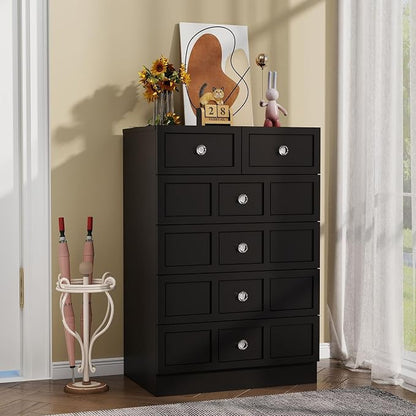 6 Drawer Dresser for Bedroom: 24" Black Wide Tall Dressers for Bedroom, Modern Fluted Dresser with Deep Drawers, Wooden Chest of Drawers for Living Room