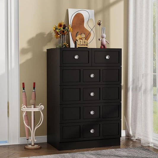 6 Drawer Dresser for Bedroom: 24" Black Wide Tall Dressers for Bedroom, Modern Fluted Dresser with Deep Drawers, Wooden Chest of Drawers for Living Room