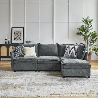 HULALA HOME 97'' Modular Sectional Sofa, L Shaped Couch with Storage Ottoman, Comfy Chenille Sofa with Deep Seat, 4 Seat Convertible Sectional Couches for Living Room, Grey