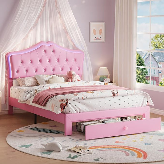 Garvee Full Size Bed Frame with LED Lights & Velvet Crystal Button Headboard, Upholstered Boy/Girl Platform Bed with Storage Drawer, Noise Free, No Box Spring Needed for Kids, Teens, Pink