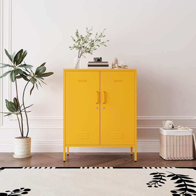 Yellow 3 Tier Metal Storage Cabinet with Legs, Lockable 2 Door Metal Locker, Heavy Duty Multipurpose Accent Storage Cabinet with 2 Adjustable Shelves for Home, Office, Entryway and Hallway