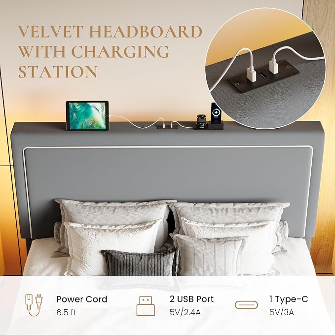 SHA CERLIN Full Size Hydraulic Lift-Up Storage Platform Bed Frame with Charging Station, RGB LED Lights, Adjustable Velvet Headboard, USB-A and USB-C Ports, No Box Spring Needed, Grey
