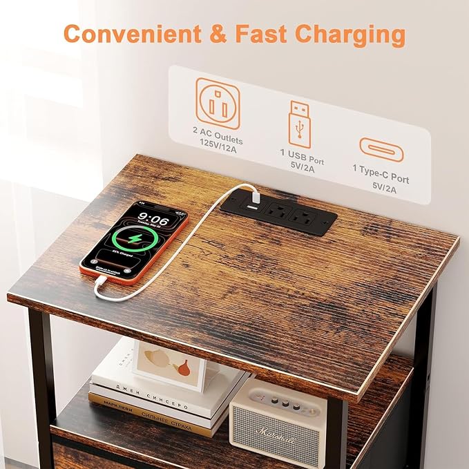 Nightstand with Charging Station, Bedside End Table with 2 Fabric Drawers for Bedroom, Side Table with USB Ports and Outlets, Rustic Brown