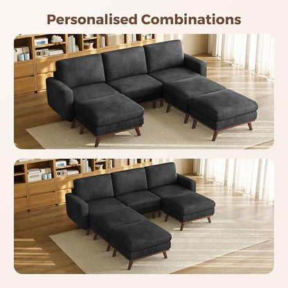 Vesgantti 97" Modular Sectional Sofa Black, Sectional Couch with Movable Ottoman, Comfy Corduroy Couch with Spring Cushion, Modular Sofa with Deep Seat for Living Room, Bedroom and Apartment