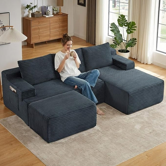 96" Cloud Sectional Couch U-Shaped Chaise with Ottoman, Corduroy Boneless Couch for Living Room Bedroom, Deep-Seat Upholstered Modular Cloud Sofa, No Assembly Required (Grey, Right Facing Chaise)