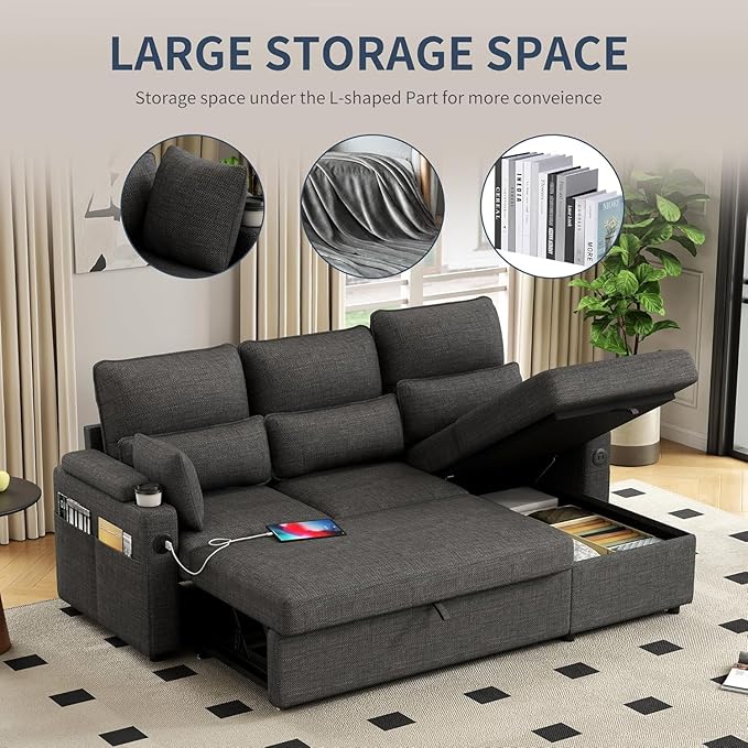 L-Shaped Sectional Sofa with Storage, Reversible Sleeper Sofa Couch with Chaise, Soft Fabric Upholstered Modular Couch with Cup Holder & Side Pockets, 1000lbs Capacity for Living Room (Black, 3-Seat)