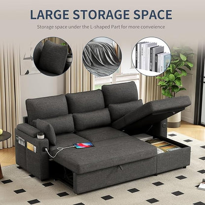 L-Shaped Sectional Sofa with Storage, Reversible Sleeper Sofa Couch with Chaise, Soft Fabric Upholstered Modular Couch with Cup Holder & Side Pockets, 1000lbs Capacity for Living Room (Black, 3-Seat)