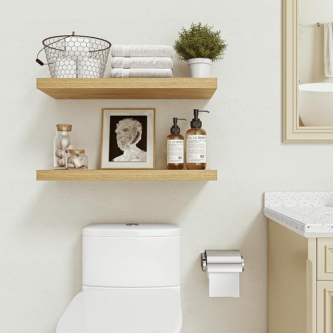 Vivelove Floating Shelves 24 inchs Long, Bathroom Shelves Over Toilet 9.1” Deep, Wall Mounted Wall Shelves for Bedroom, Living Room, Kitchen, Office, Rustic Home Decor, Oak, Set of 2