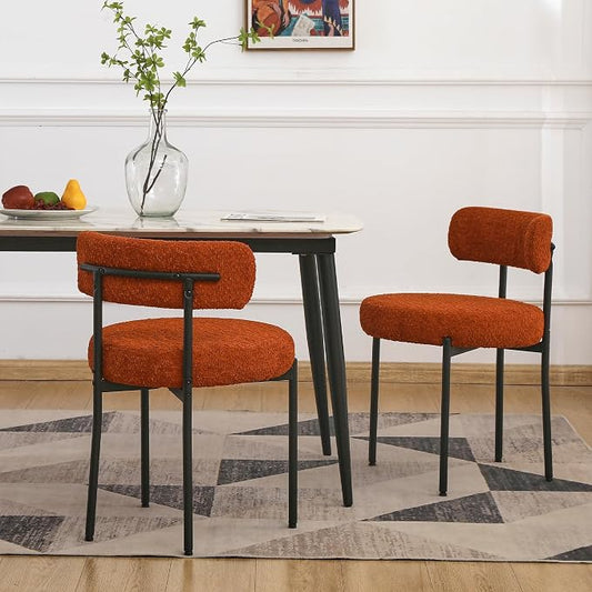 EDWELL Orange Dining Chairs Set of 2, Upholstered Dining Room Chairs, Curved Backrest Boucle Dining Chair for Kitchen, Living Room, Mid-Century Modern Kitchen Chairs with Black Metal Legs