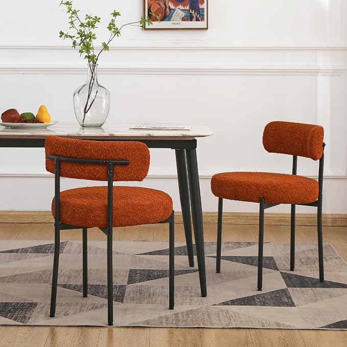 EDWELL Orange Dining Chairs Set of 4, Mid-Century Modern Dining Room Chairs with Thick Cushion, Round Upholstered Boucle Chairs for Kitchen, Living Room, Armless Kitchen Chairs with Black Metal Legs