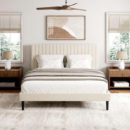 Sismplly Full Size Bed Frame with Velvet Upholstered Headboard, Platform Bed with Strong Wood Slats, Mattress Foundation, Box Spring Optional, Easy Assembly, Beige