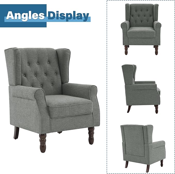 High Back Accent Chairs Set of 2, High Wingback Chair for Living Room, Button-Tufted Upholstered Fabric Armchair with Solid Wood Legs, Comfy Single Sofa Reading Chair for Bedroom, Gray