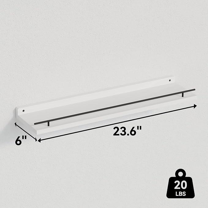 WOPITUES Floating Shelves 24 inch with Gold Metal Guardrail, Shelves for Wall Decor Set of 3, Wall Shelves for Bedroom, Bathroom, Kitchen, Living Room, Plants, Picture Frames, Art- Black and White