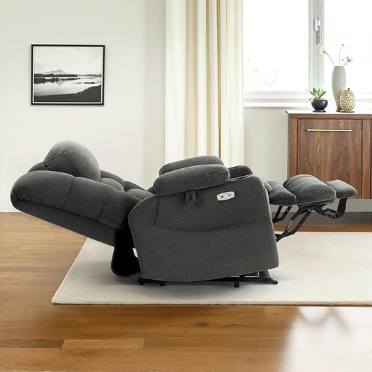 MCombo Big Man Power Lay Flat Lift Chair, Triple Motor Power Lift Recliner with Massage & Dual Heating, Adjustable Headrest, Fabric R7635 (Grey, Large-Wide)