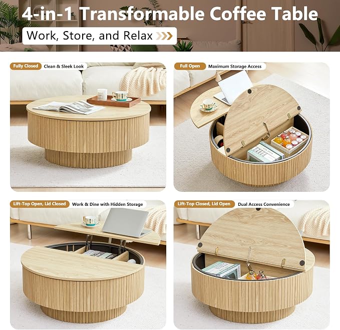 33" Round Coffee Table with Lift-Top & Flip-Top Storage, Modern Accent Fluted Coffee Tables with Metal Frame, Wooden Circle Center Table for Living Room Small Space Apartment Office (Natural)