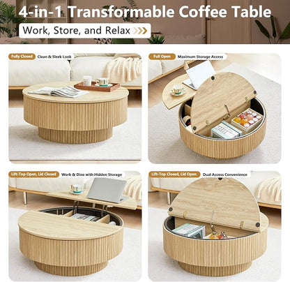 33" Round Coffee Table with Lift-Top & Flip-Top Storage, Modern Accent Fluted Coffee Tables with Metal Frame, Wooden Circle Center Table for Living Room Small Space Apartment Office (Natural)
