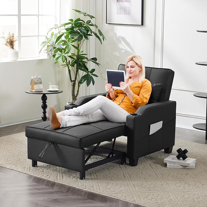 VINGLI Sleeper Chair 3-in-1 Convertible Sofa Bed Adjustable Recliner Sofa Modern Pull Out Couch Bed with 2 USB Ports 2 Cup Holders 2 Side Pockets for Living Room Bedroom Small Spaces, Black