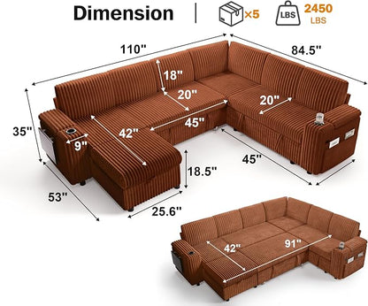 Vipbear 111" Modular Sectional Sleeper Sofa with Pull Out Bed, 7 Seat Corduroy L Shaped Couch with Ottoman|USB Ports|Cup Holders|Side Table|Storage Armrest, Tool Free Assembly, Orange