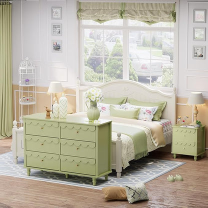Anbuy Bedroom Sets 3 PCS Scalloped 6 Drawer Dresser and Night Stand Sets for Bedroom, Two Drawers Nightstand Set of 2 & 6 Drawer Dresser Combo 3 Pieces (Green)