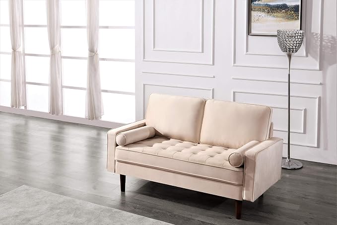 Container Furniture Direct Womble Mid Century Modern Velvet Upholstered Tufted Seat With Bolster Pillows, Sofa, Khaki