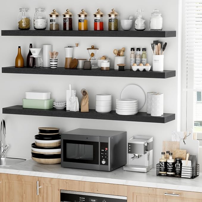 Fun Memories 55 Inch Floating Shelves - 9 Inch Deep Rustic Wooden Wall Shelves - Extra Deeper & Thicker Wall Mounted Storage Shelf for Living Room Kitchen Farmhouse - Rustic Black