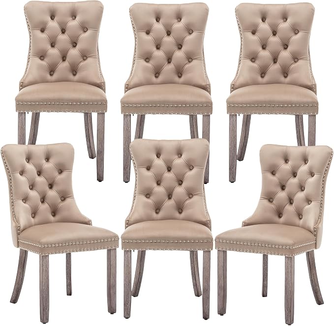 Mid Century Modern Dining Chair Set of 6 Velvet Upholstered Dining Accent Chair Farmhouse Dining Chairs with High Back and Nailhead Trim for Kitchen, Living Room, Bedroom (Khaki)
