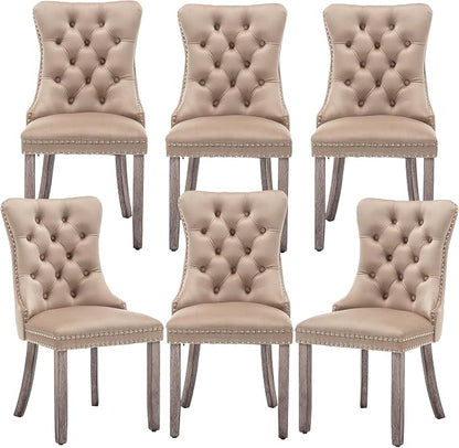 Mid Century Modern Dining Chair Set of 6 Velvet Upholstered Dining Accent Chair Farmhouse Dining Chairs with High Back and Nailhead Trim for Kitchen, Living Room, Bedroom (Khaki)