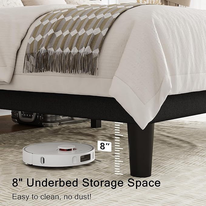 Einhomn Black Queen Size Platform Bed Frame with Fabric Upholstered Wingback Headboard, 12" Under Bed Space, Wooden & Metal Slats Support, No Box Spring Needed