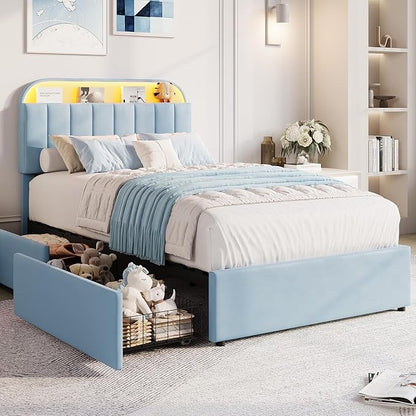 GarveeHome Twin XL Bed Frame with Storage Headboard, Kids Bed Frame with 2 Drawers, Velvet Upholstered Platform Bed Frame with Lights, No Box Spring Needed, Easy Assembly, Velvet Blue