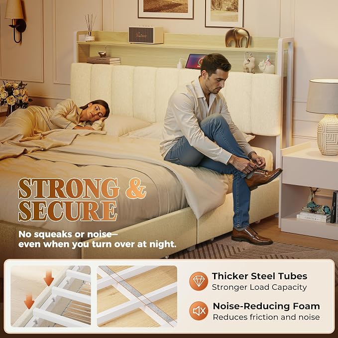 PRAISUN Bed Frame Queen Size with Upholstered Headboard & Charging Station, Queen Bed Frame with 4 Storage Drawers, 2-Tier Open Shelves, No Box Spring Needed, Slient Foam Strip, Easy Assembly, Beige