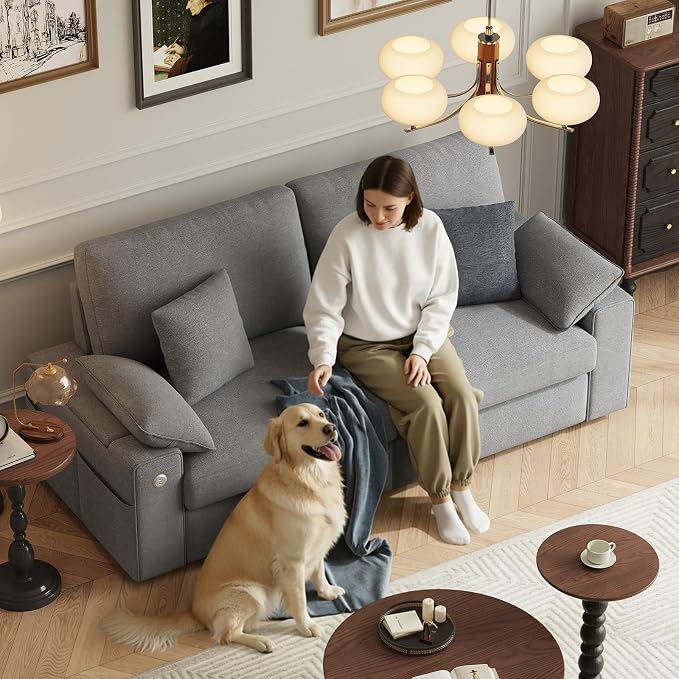 MALOL 76" Loveseat Couch, 3 Seater Upholstered Midcentury Mondern Love Seat with USB Type C Ports, 4 Pillows and Storage Armrest Cloud Foam Sofa for Living Room/Small Spaces, Grey | Breathable material