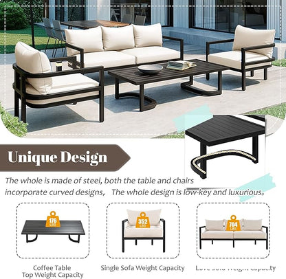 VilroCaz 4-Piece Outdoor Steel Sofa Set, All Weather Patio Conversation Set with 1 Love Sofa, 2 Single Sofas, Coffee Table, Waterproof Cushions, Suitable for Backyard, Poolside Gardens (Beige-Z)