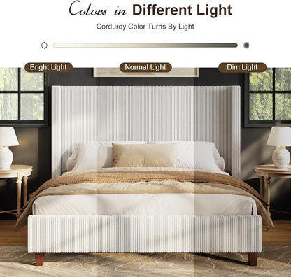 HOWE Queen Size Bed Frame with 50.8 Inch Corduroy Wingback Headboard, Cream | Modern Upholstered Platform Bed, Solid Wood Slats, No Box Spring Needed, Noise-Reducing Design