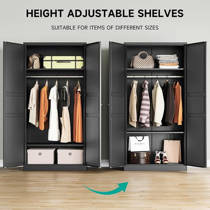 Metal Wardrobe Cabinet,Armoire Wardrobe Closet with doors,Black Metal Clothing Storage Cabinet with Adjustable Shelves and Hanging Rod,72" Cloth Storage Cabinets for Home,Bedroom Armoires,Laundry