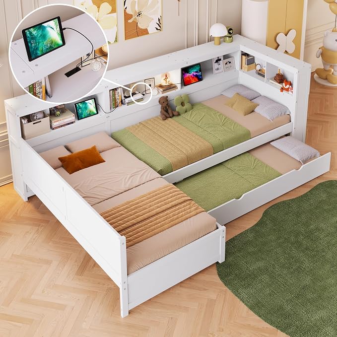 Bellemave L Shaped Corner Bed for 2 Kids, Double Twin Platform BedFrame with Trundle and 5 Storage Shelves, Charging Station, White