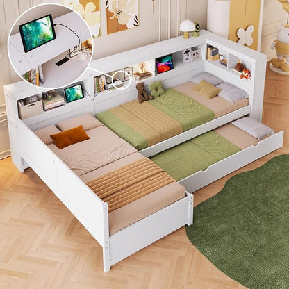 Bellemave L Shaped Corner Bed for 2 Kids, Double Twin Platform BedFrame with Trundle and 5 Storage Shelves, Charging Station, White
