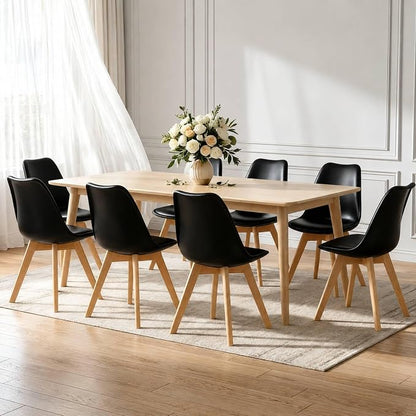 Dining Chairs Set of 8, Modern Upholstered Dining Room Chairs with PU Leather Padded Seat, Armless Kitchen Chairs with Curved Backrest and Solid Wood Legs for Dining Room, Kitchen, Apartment, Black