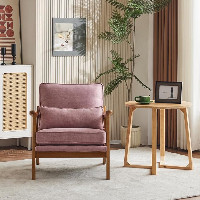 Karl home Mid-Century Lounge Accent Chair, Pink | Wide Curved Armrest, Linen Fabric, Lumbar Pillow Included, Solid Wood Frame, For Living Room, Bedroom, Balcony, Apartment