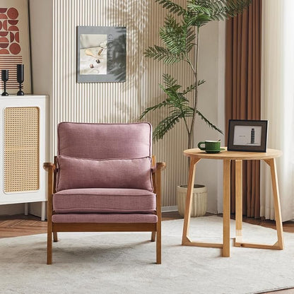 Karl home Mid-Century Lounge Accent Chair, Pink | Wide Curved Armrest, Linen Fabric, Lumbar Pillow Included, Solid Wood Frame, For Living Room, Bedroom, Balcony, Apartment