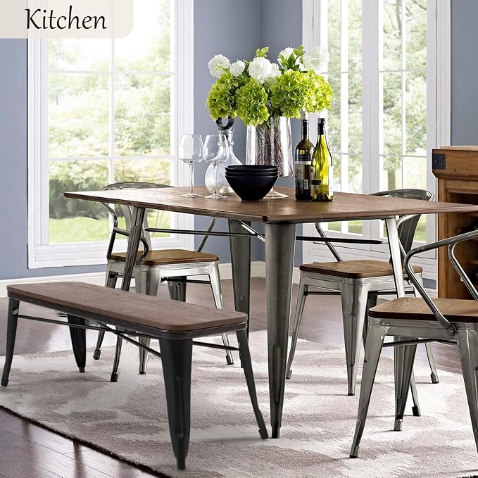 YOLENY Dining Bench, Entryway Bench with Back, Farmhouse Metal Dining Bench, Industrial Mid-Century 3 Person Rustic Spindle Bench, with Wood Seat, Removable Backrest, 42in, Black