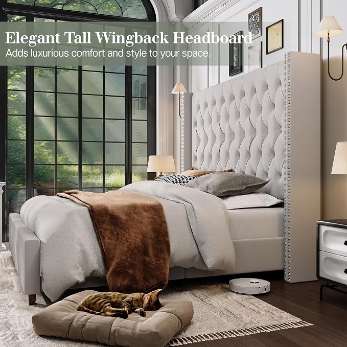 Jocisland King Bed Frame 61.4" Tall Headboard Velvet upholstered,Cream | Full Back Support Wingback Headboard,Deep Button Tufted Hand-crafted Pleats,Squeak-Free Sleep,Solid Wood Legs,Easy Assembly