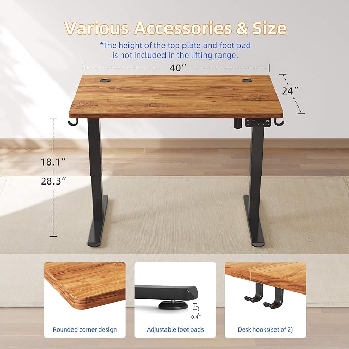 YIHAYO Low Height Adjustable Desk, Lifts 18.1-28.3 Inches, Electric Standing Desk for Short People, 40 x 24 Inches Computer Table with Splice Board for Home Office, Rustic Brown
