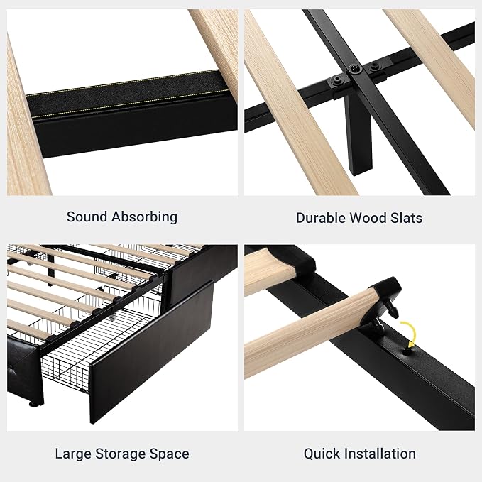 Allewie Upholstered Full Size Platform Bed Frame with 4 Storage Drawers and Headboard, Diamond Stitched Button Tufted, Mattress Foundation with Wooden Slats Support, No Box Spring Needed, Black Brown