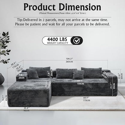Sectional couches for Living Room Corduroy Couch, 104" Cloud Sectional Couch with L-Shape Chaise, Modern Modular Sofa, Deep Seat Comfort, No Assembly Required(Plush Corduroy, Left Facing Chaise)