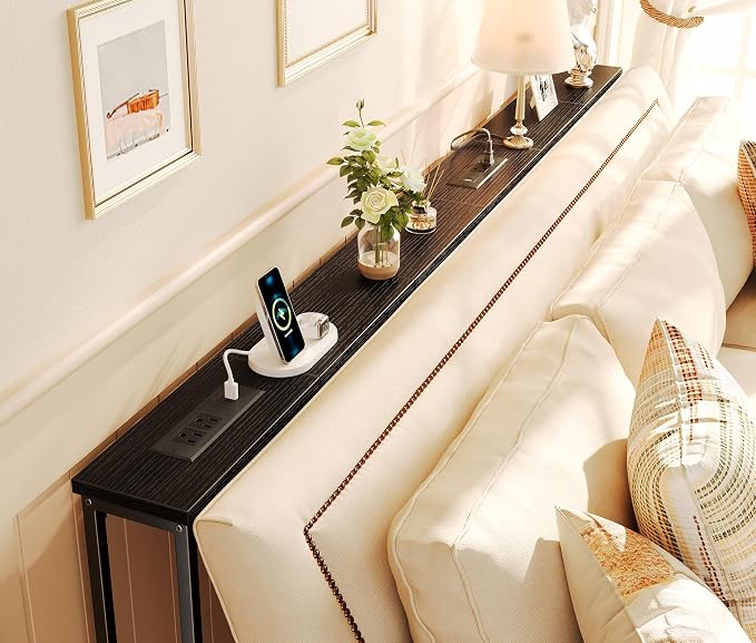 SUPERJARE 78.8 Inch Narrow Console Table with Outlet, Sofa Tables, Behind Couch Table, Long Entryway Tables with Charging Station, for Living Room, Black