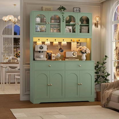 HIFIT 71" LED Kitchen Pantry Cabinet with Power Outlet, Large Kitchen Hutch Cabinet with 2 Storage Drawers & Arched Door, Countertop & Hooks, Tall China Bar for Dining Living Room (Green)