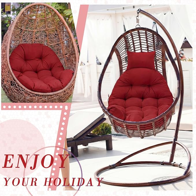 Tudomro Red Waterproof Egg Chair Cushion with Pillow Filling 2.58 kg Replacement Rocking Wicker Chair Cushion 48" x 32" High Back Hanging Swing Hammock Pad Thicken for Outdoor Patio Garden