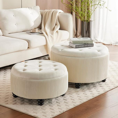 Round Ottoman with Storage Set of 2 Upholstered Velvet Vanity Stool for Living Room Storage Ottomans Multifunctional Foot Rest (Large-Off White)