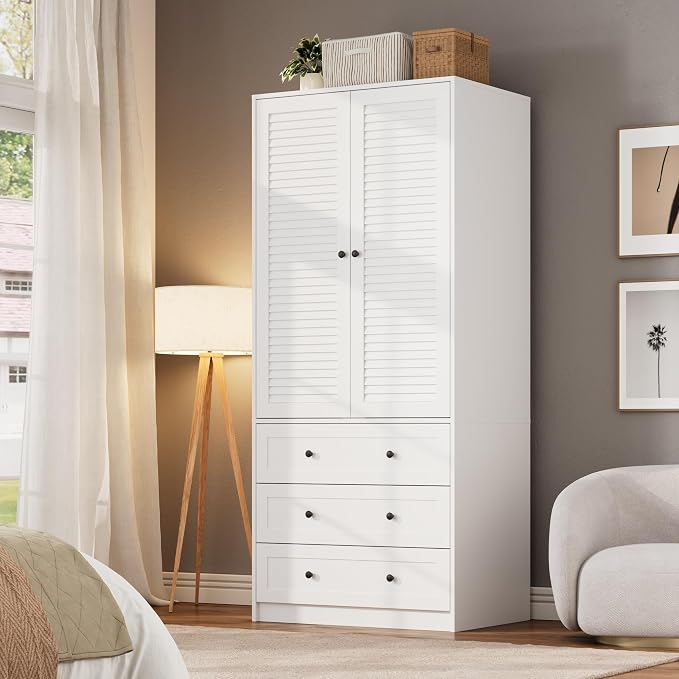 Garvee 70" Wardrobe Armoire Wooden Closet with 2 Doors and 3 Drawers, Bedroom Armoire with Hanging Rod Shelf, Large Capacity Storage Wardrobe Armoire, Freestanding Wooden Closet Storage Cabinet