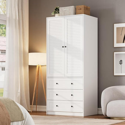 Garvee 70" Wardrobe Armoire Wooden Closet with 2 Doors and 3 Drawers, Bedroom Armoire with Hanging Rod Shelf, Large Capacity Storage Wardrobe Armoire, Freestanding Wooden Closet Storage Cabinet